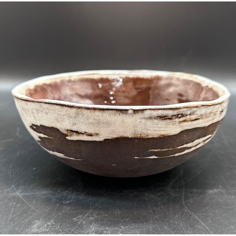Handmade Pottery Bowl Brown Cream Drip Glazed Signed Bonnie By The Sea 7.5W‎